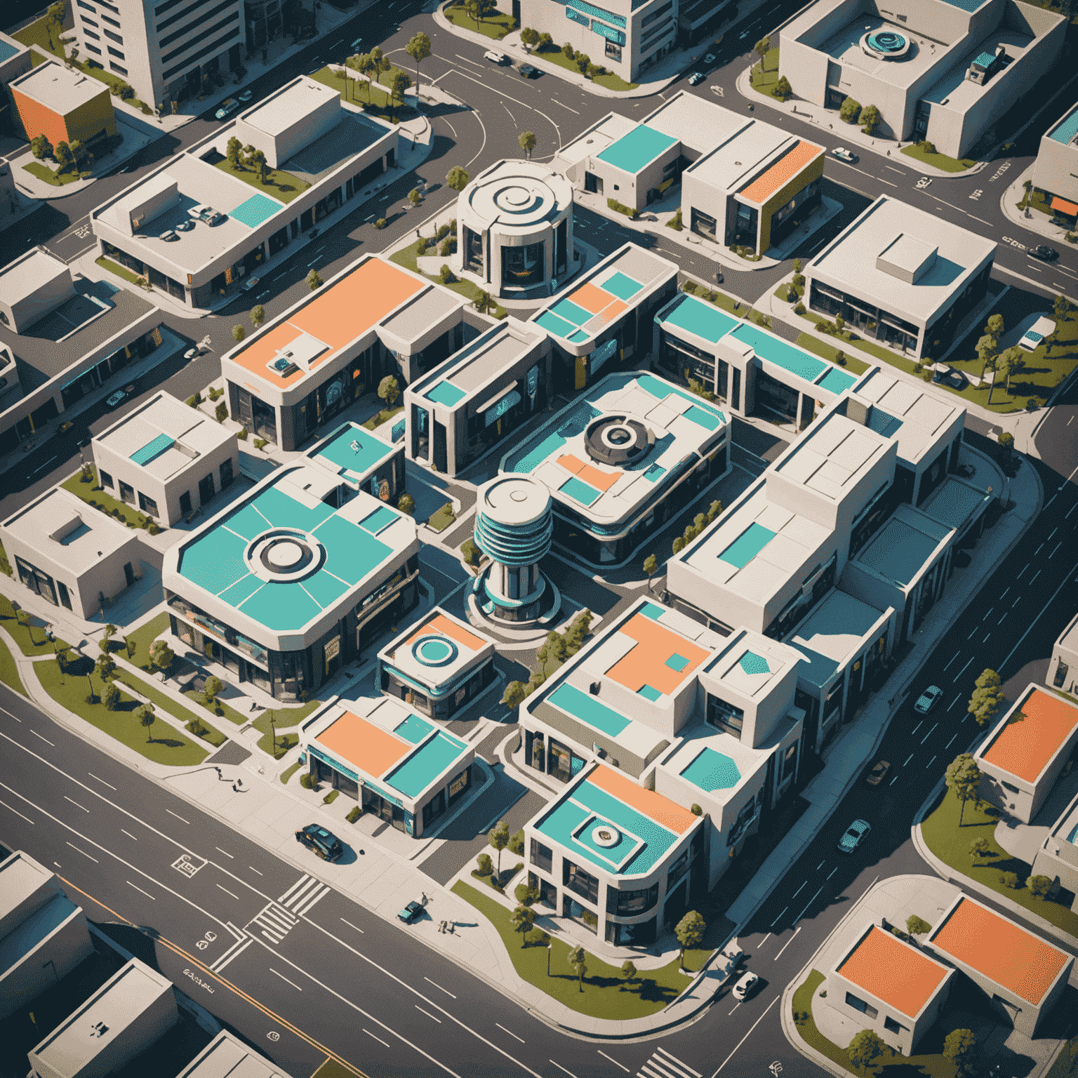 Map showing the location of EgoPlay showroom at 123 Retro Avenue, Future City. The map has a retro-futuristic design with pastel colors and geometric shapes marking key landmarks.