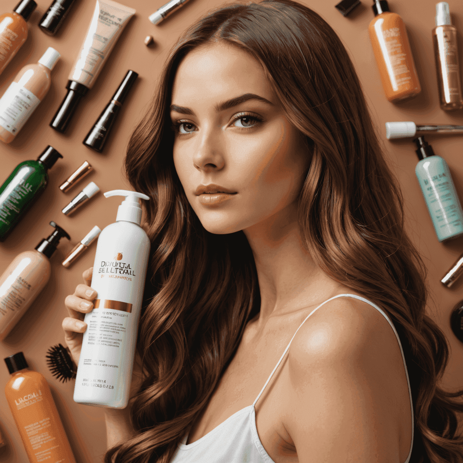 Close-up of shiny, healthy hair with various hair care products in the background