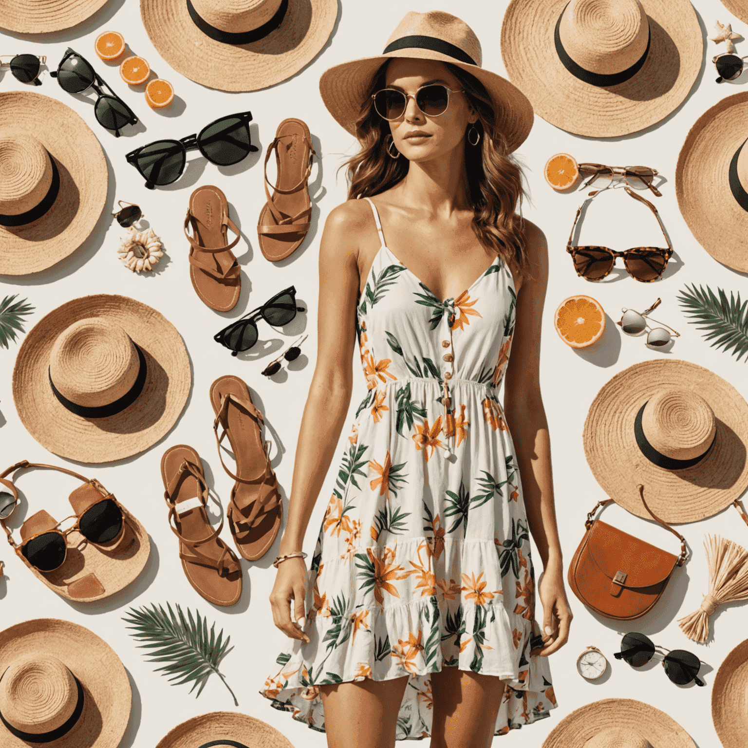 Collage of summer fashion trends including breezy dresses, sunglasses, and beach accessories