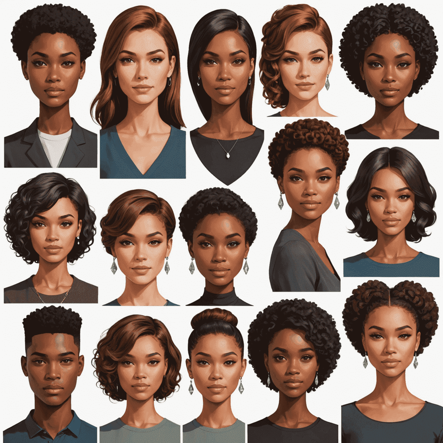 Illustration showing different face shapes with complementary hairstyles, including oval, round, square, heart, and diamond shapes