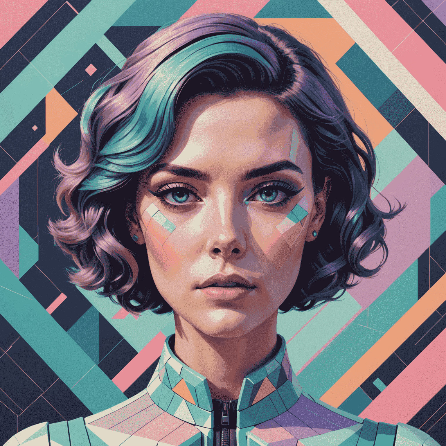 Stylized portrait of Jane Doe with a retro-futuristic hairstyle and makeup, set against a backdrop of geometric shapes in pastel colors