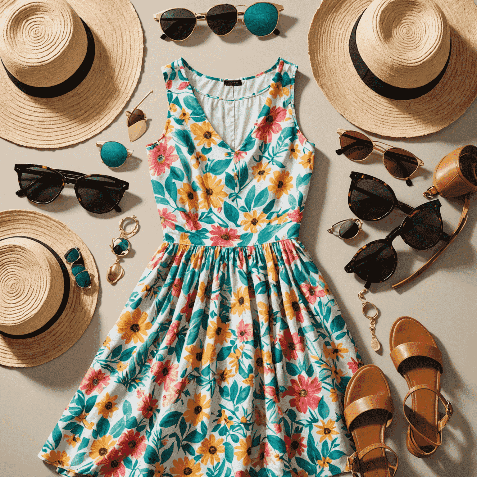 Collage of summer fashion items including breezy dresses, sunglasses, and colorful accessories