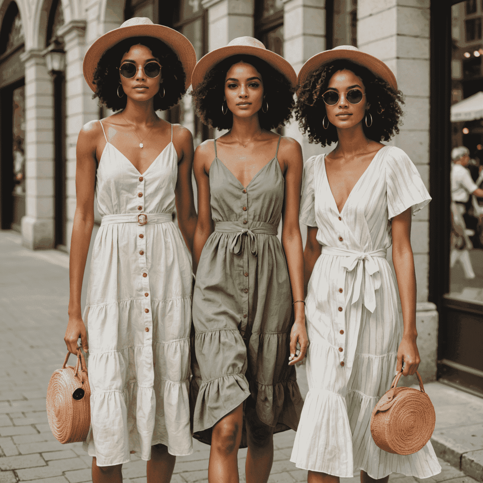 Models wearing trendy summer outfits, including breezy dresses and stylish accessories
