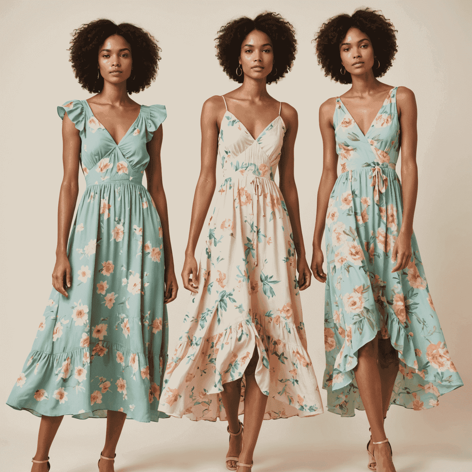Models wearing various breezy summer dresses in pastel colors and floral prints