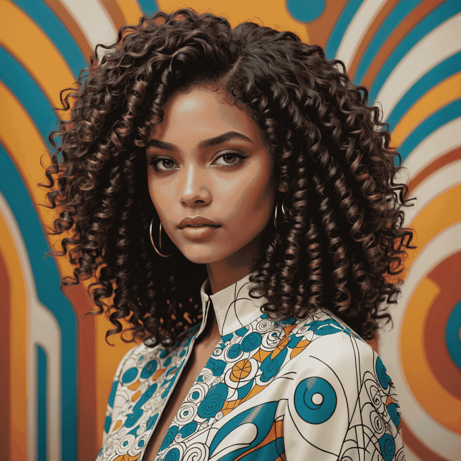A model with perfectly defined curls, showcasing the effects of CurlDefine Cream against a backdrop of retro-futuristic patterns