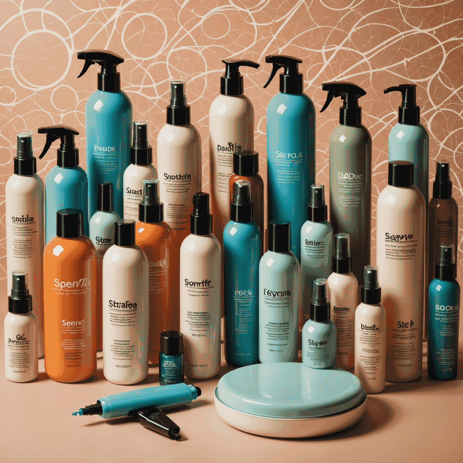 Arrangement of various hair styling products including sprays, gels, and serums on a retro-futuristic backdrop