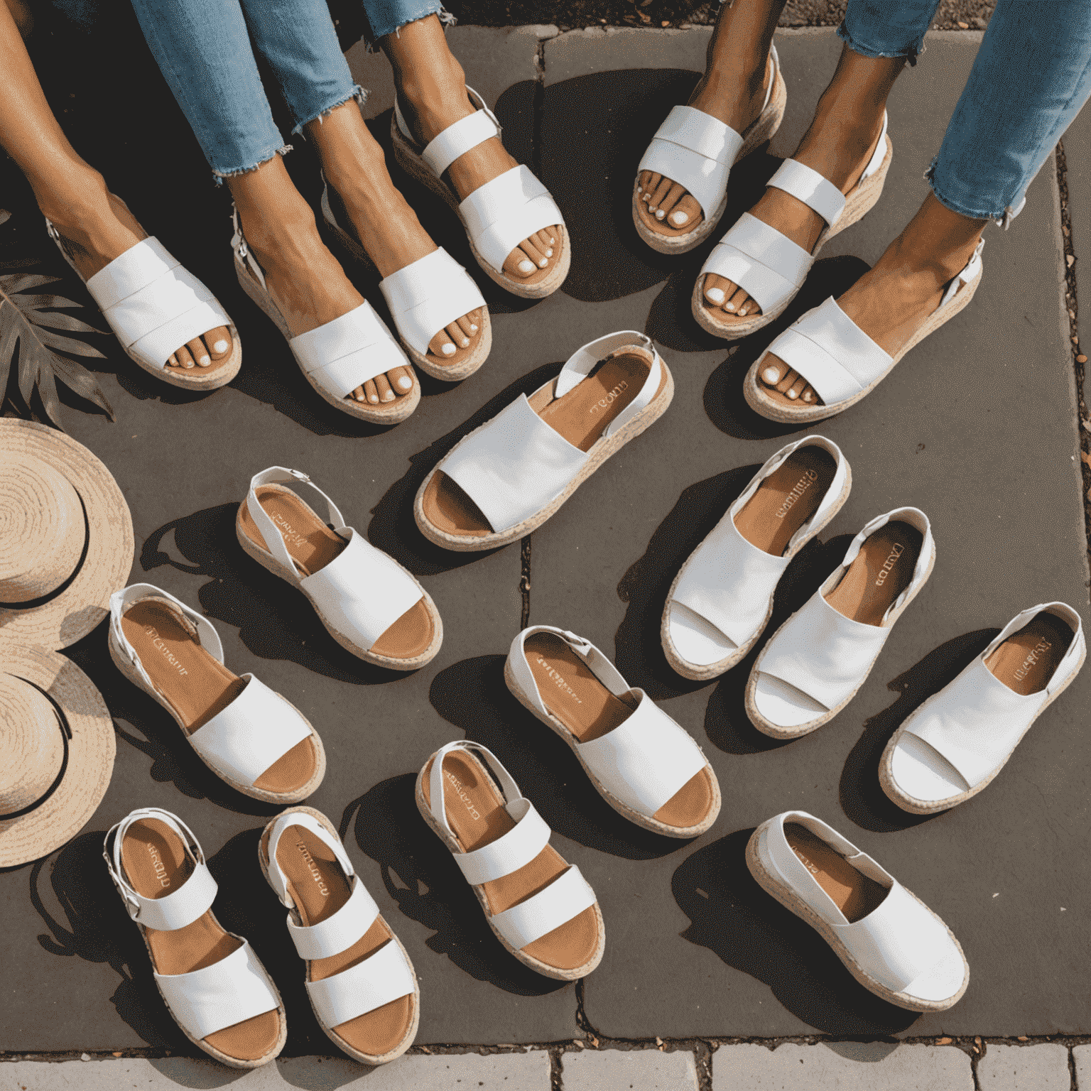 Various summer footwear including chunky sandals, espadrille wedges, and white sneakers