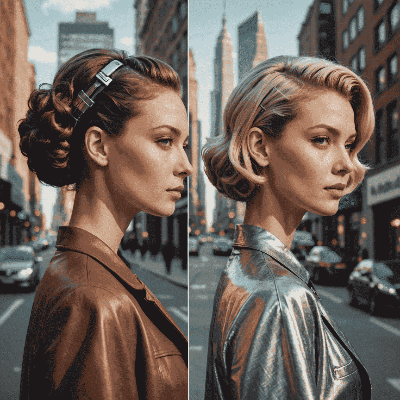 A split-screen image showing a hairstyle before and after using FlexiHold Hairspray, set against a retro-futuristic cityscape